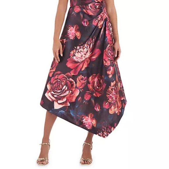 Kay Unger Iris Oxblood Multi Floral One-Shoulder Handkerchief Hem Midi Dress - Picture 2 of 4